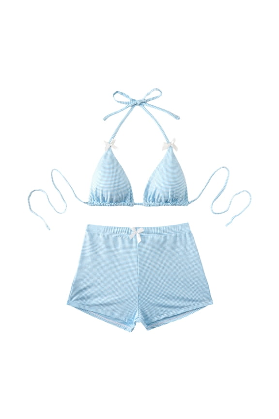 Women's Push Up High Waist Bikini Set with Shorts Drawstring Triangle Halter Tummy Control Two Piece Bathing Suit