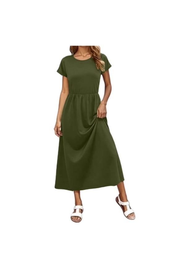 Women's Short Sleeve Summer Maxi Dresses Crew Neck Loose Fit Dresses with Side Pockets, Casual Beach Vacation Dresses