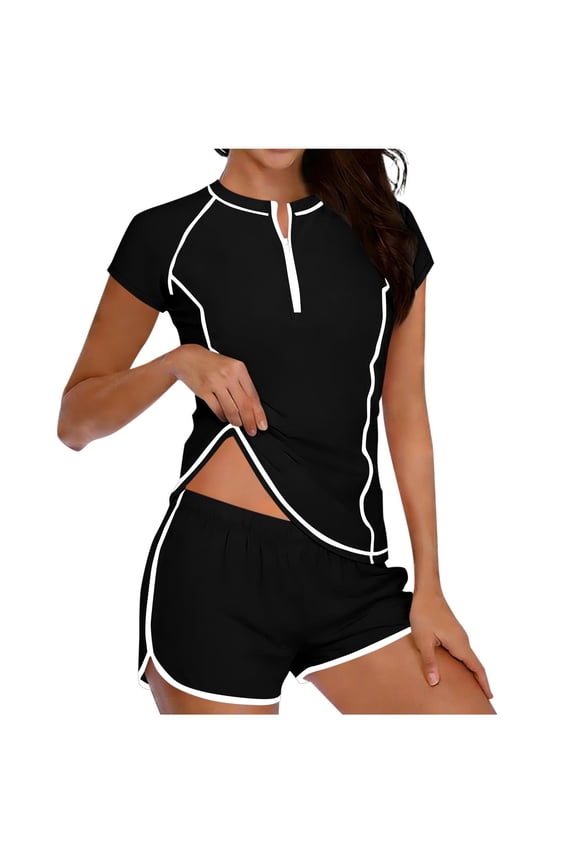 Women's Sporty Modest Swimsuit Set Full Coverage Zipper Top & Swim Shorts with Pockets, Built-in Bra 2 Piece Beach Outfit