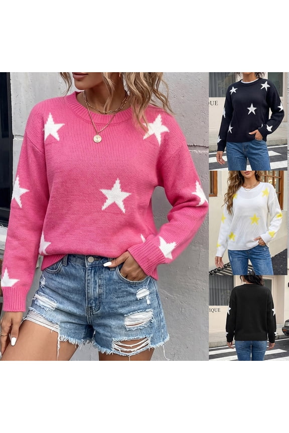 Women's Star Printed Crew Neck Knit Sweater Long Sleeve Relaexd Fit Casual Cute Fashion Fall Winter Pullover Tops