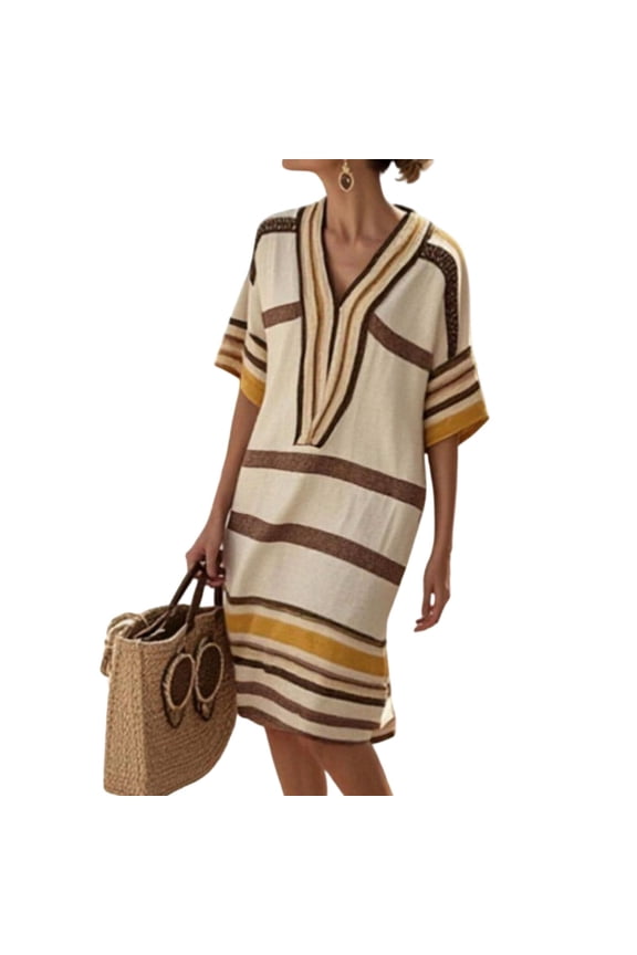 Women's Striped Summer Dresseses V-Neck Short Sleeve Vacation Dresses with Pockets Relaxed Boho Style for Summer & Travel