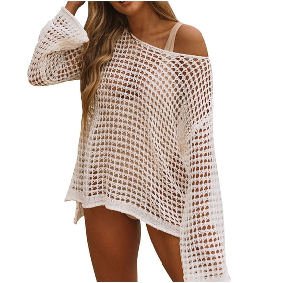 TIHLMK Women's Tops, Tees & Blouses Swimsuit Cover Ups For Women Round Neck Loose Beach Bikini Bathing Suit Sunscreen Shirt Cover Up White