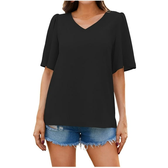TIHLMK Women's Tops, Tees & Blouses Women Summer Solid Color V-Neck Short Sleeve Loose Tops Shirts Blouses Pullovers Black