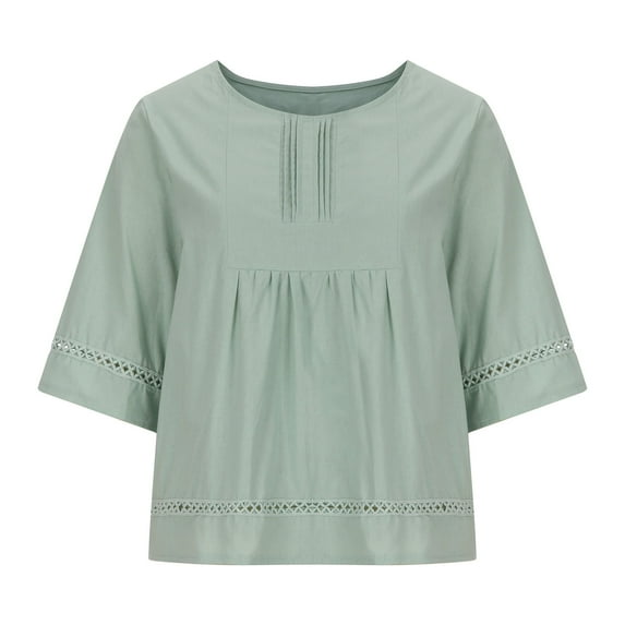 TIHLMK Women's Tops, Tees & Blouses Women's Casual Round Neck Half Sleeve Solid Loose Shirt Hallow Out Cotton And Linen Blouse Tops Green