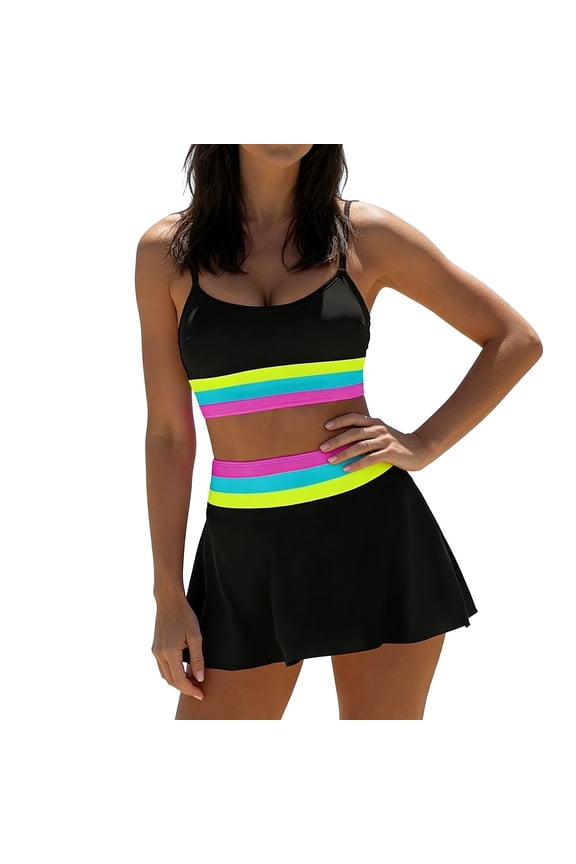 Women's V Neck Color Block Bikini Set Tummy Control High Waist Swimsuit 3 Piece with Skirt, Wire Free Padded Bathingsuit