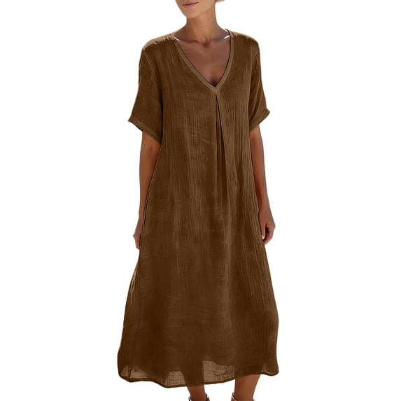 TIHLMK Women's V-Neck Short Sleeve Pocket Maxi Dresses Half Sleeve Casual Long Dresses with Relaxed Fit for Everyday Wear