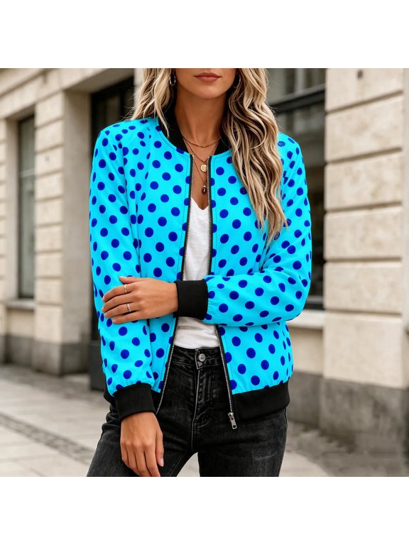Women’s Zip Up Bomber Jacket Long Sleeve Stand Collar Casual Outerwear, Classic Polka Dot Printed Fashion Baseball Coat with Side Pockets