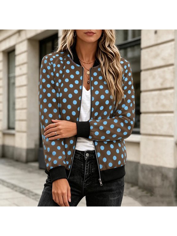 Women’s Zip Up Bomber Jacket Long Sleeve Stand Collar Casual Outerwear, Classic Polka Dot Printed Fashion Baseball Coat with Side Pockets
