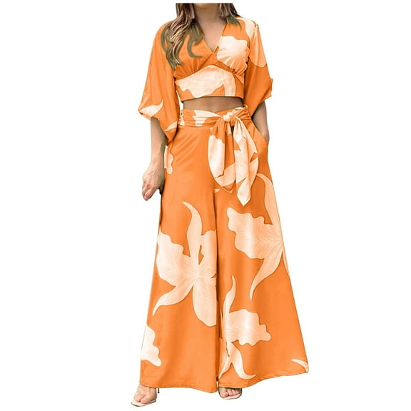 TIHLMK Womens 2 Piece Outfits Fashion Women Print V-Neck High Waist Casual Long SLeeve Top+ Pant Set Gifts for Women