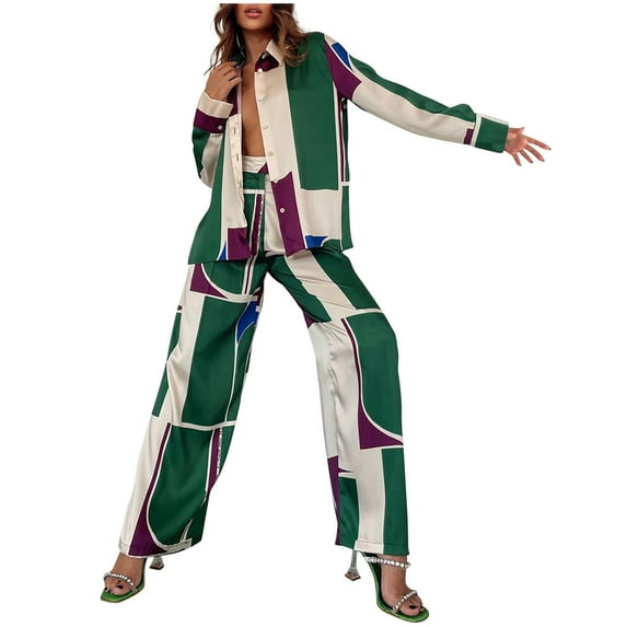 TIHLMK Womens 2 Piece Outfits Women's Print Deep V Lapel Water Ripple Print Long-sleeved Flared Casual Mopping Trousers Suit High-end Chiffon Suit Gifts for Women