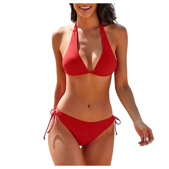 TIHLMK Womens Bikini Swimsuits Women's Solid Bikini Strap Bikini Deep V Split Swimsuit Gift for Women