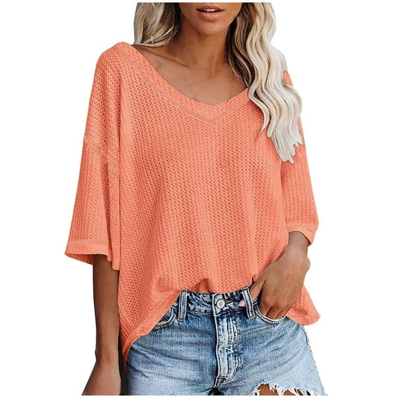 TIHLMK Womens Blouses Fashion Women Summer Casual Loose Short Sleeve Pullove Solid Blouse T-Shirt Orange
