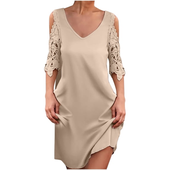TIHLMK Womens Dresses Fashion Women Casual Sexy V-Neck Solid Summer Lace Short Sleeve Mini Dress Gift for Women