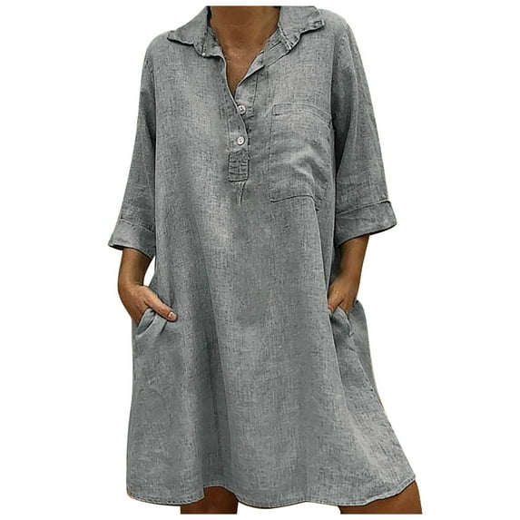 TIHLMK Womens Dresses Fashion Women Loose V-Neck Solid 3/4 Sleeve Cotton And Linen Dress