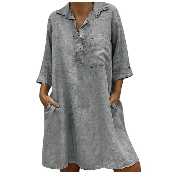 TIHLMK Womens Dresses Fashion Women Loose V-Neck Solid 3/4 Sleeve Cotton And Linen Dress