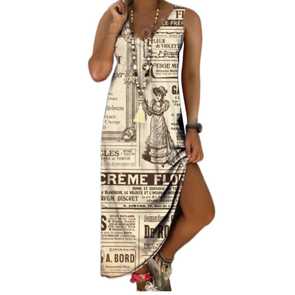 TIHLMK Womens Dresses Fashion Women Summer Casual Sleeveless V-Neck Printing Long Dress