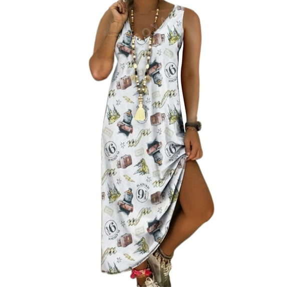 TIHLMK Womens Dresses Fashion Women Summer Casual Sleeveless V-Neck Printing Long Dress