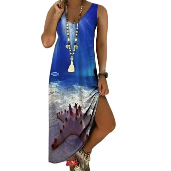 TIHLMK Womens Dresses Fashion Women Summer Casual Sleeveless V-Neck Printing Long Dress