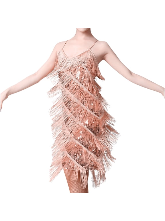 Womens Dresses Party Wear Women's Flapper Dresses 1920s Gatsby Sequins Tassels Cocktail Latin Dance Ballroom Dress Rose Gold Sleeveless Mini Dress