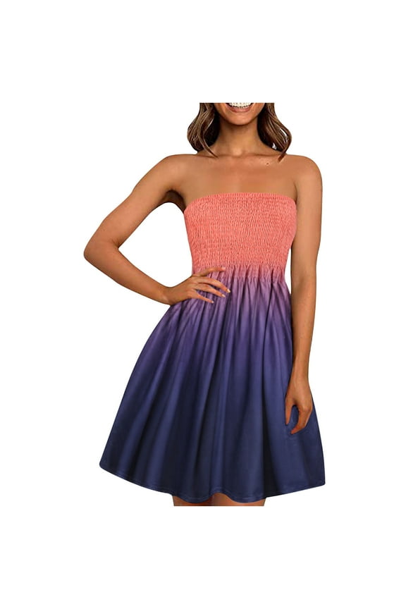 Womens Dresses Summer Women's Bohemian Style Strapless Elastic Band Dress Dresses Sleeveless Floral Print Dress Gift for Women