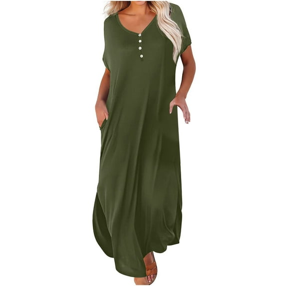 TIHLMK Womens Dresses Summer Women's Summer Casual V Neck Swing Dress Casual Maxi Beach Dress With Pockets Army Green Short Sleeve Dress