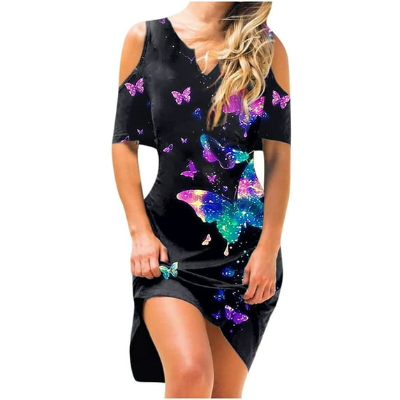 TIHLMK Womens Dresses Women Casual Butterfly Printing V-Neck Strapless Swing Long Dress