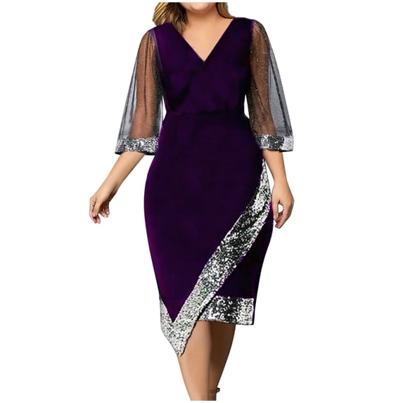 TIHLMK Womens Dresses Women Casual V-neck Irregular Sequin Mesh Half Sleeve Dress Evening Dresses Gift for Women