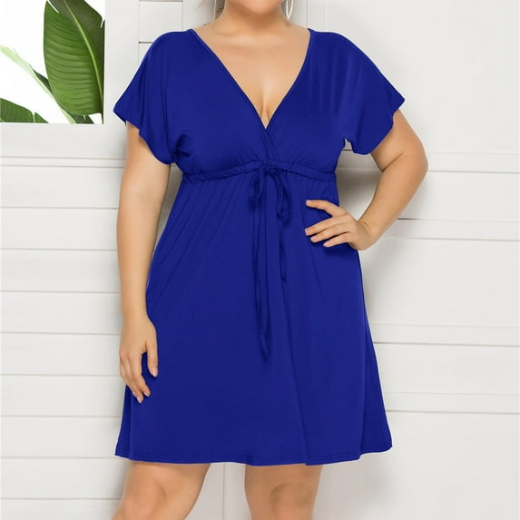 TIHLMK Womens Dresses Women Fashion Solid Color Sleeveless Deep V-neck Elastic Waist Dress Plus Size