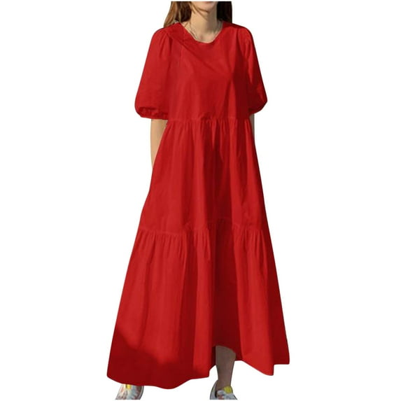 TIHLMK Womens Dresses Women's Fashion Round Neck Loose Pockets Short Sleeve Solid MId-Calf Long Dress Gift for Women
