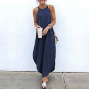 TIHLMK Womens Dresses Women's Loose Denim Sleeveless Solid Color Vest Long Dress