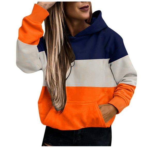 TIHLMK Womens Hoodies Pullover Womens Fall Fashion Top Color Contrast Splicing Winter Hooded Comfortable Long Sleeve Coat Gifts for Women