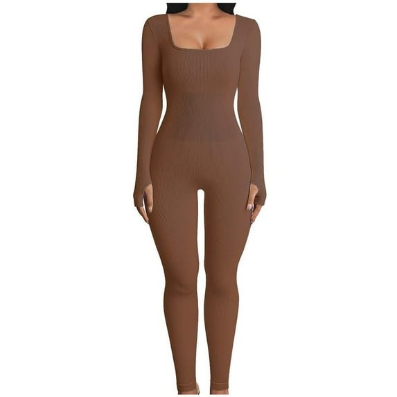 TIHLMK Womens Jumpsuit Jumpsuits For Women Long Sleeves Solid Color Square Collar Sports Elastic Pants Romper Pants Gifts for Women