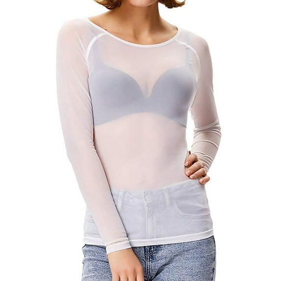 TIHLMK Womens Long Sleeve Tops Women See-Through Long Sleeve Seamless Arm Shaper Top Mesh Shirt Blouse