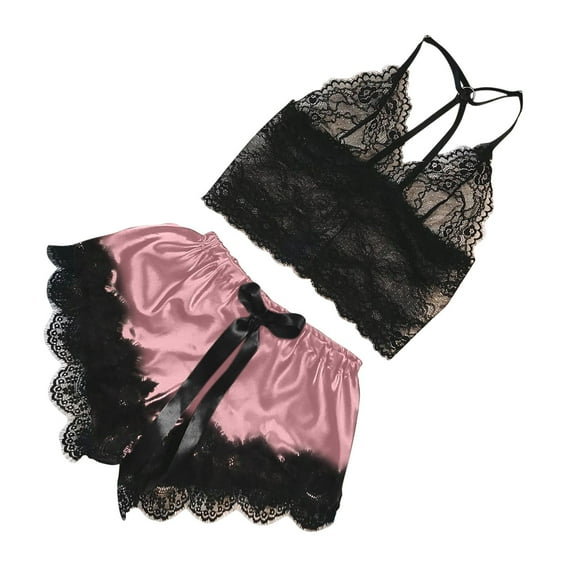 TIHLMK Womens Pajama Sets Women V-Neck Eyelash Lace Stain Camisole Pajamas Bowknot Shorts Set Gift for Women