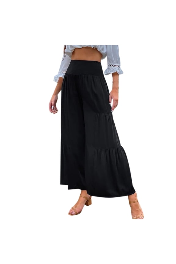 Womens Pants Women's Fashion Casual High Waist Elastic Waist Solid Color Ruffle Wide Leg Long Pants Gifts for Women