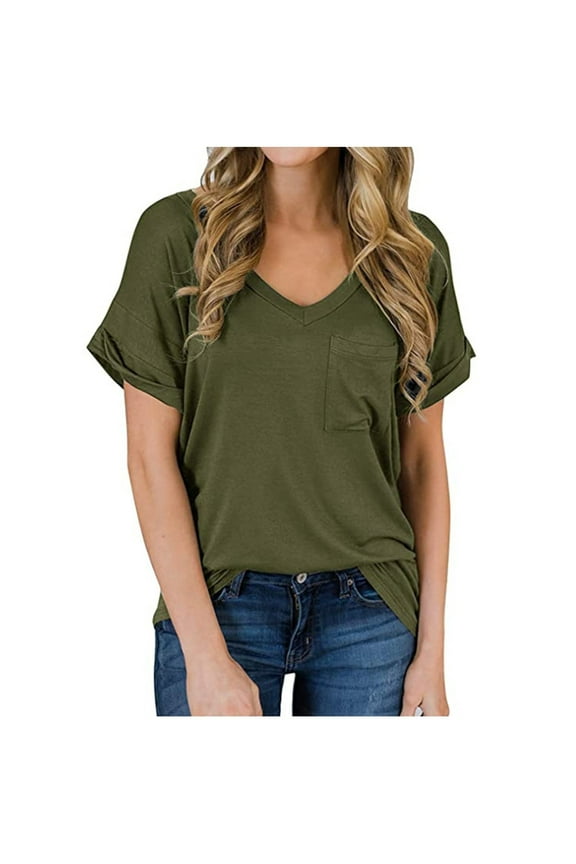 Womens Shirts Army Green Women's Solid Short Sleeve V-Neck Casual Pockets Tee Tops T Shirt Gift for Womens Tops