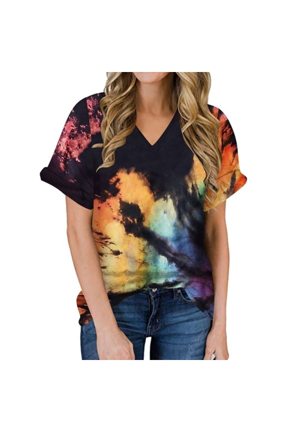 Womens Shirts Black Women's Tie-dye V Neck Tunic Tops Crack Color Print Loose Short Sleeve Tops Blouse Gift for Womens Tops