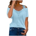 thumbnail image 1 of TIHLMK Womens Shirts Blue Fashion Women's Summer V-Neck Casual Lace Patchwork Solid Caims Blouse Top Gift for Womens Tops, 1 of 9