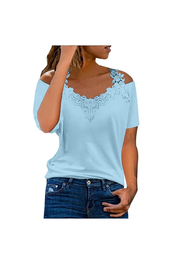 Womens Shirts Blue Fashion Women's Summer V-Neck Casual Lace Patchwork Solid Caims Blouse Top Gift for Womens Tops