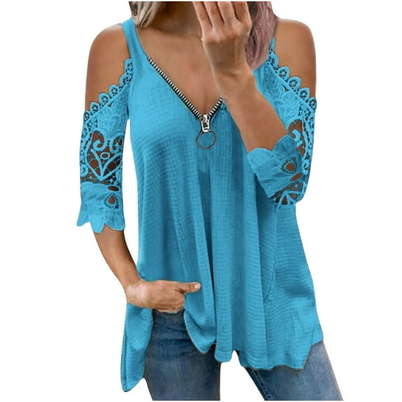 TIHLMK Womens Shirts Blue Women Casual Lace Half Sleeveï¼¶-Neck Zipper Hollow Out T-Shirt Blouse Tops Gift for Womens Tops