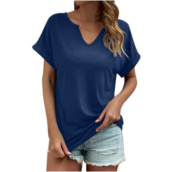 TIHLMK Womens Shirts Navy Women's Fashion Solid Color Casual V-neck Short Sleeve Loose T-shirt Tops Gift for Womens Tops
