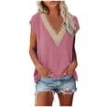 thumbnail image 1 of TIHLMK Womens Shirts Pink Fashion Women's Summer V-Neck Lace Patchwork Short Sleeve Top Blouse Gift for Womens Tops, 1 of 9