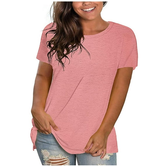 TIHLMK Women Shirts and Blouses Pink Women's Fashion Plus-Size Solid O-Neck Loose Short Sleeve T-shirt Pullover Tops Gift for Womens Tops
