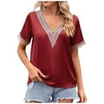 thumbnail image 1 of TIHLMK Womens Shirts Wine Fashion Women's Summer V-Neck Lace Patchwork Short Sleeve Top Blouse Gift for Womens Tops, 1 of 8