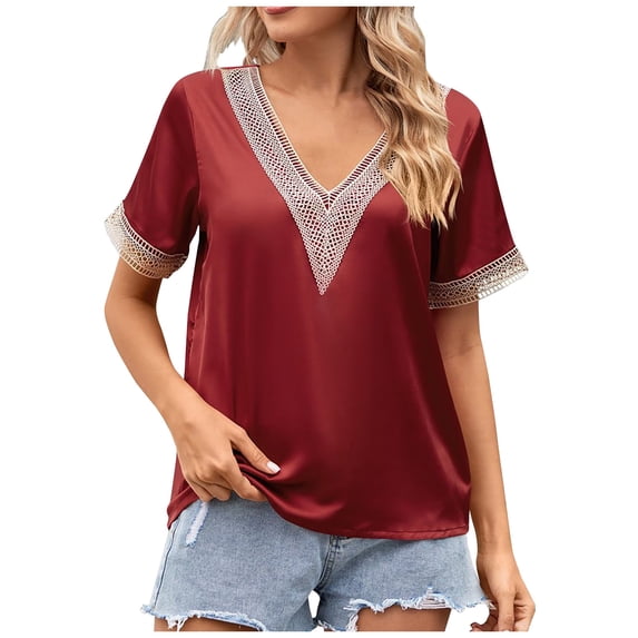 TIHLMK Womens Shirts Wine Fashion Women's Summer V-Neck Lace Patchwork Short Sleeve Top Blouse Gift for Womens Tops