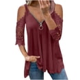 thumbnail image 1 of TIHLMK Womens Shirts Wine Women Casual Lace Half SleeveＶ-Neck Zipper Hollow Out T-Shirt Blouse Tops Gift for Womens Tops, 1 of 4