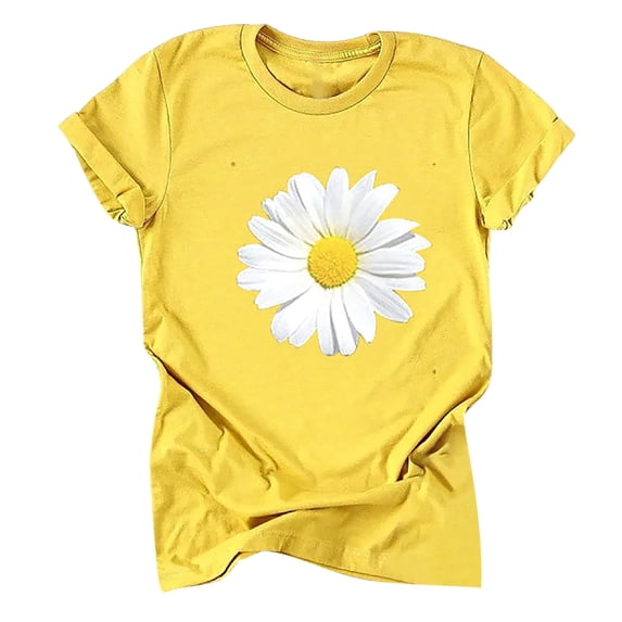 TIHLMK Womens Shirts Yellow Plus Size Women Short Sleeve Floral Printed Sunflower O-Neck Tops T-Shirt Blouse Gift for Womens Tops