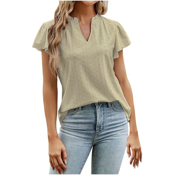 TIHLMK Womens Shirts Yellow Women Fashion Leisure Solid Short Sleeve V-Neck Blouses Gift for Womens Tops