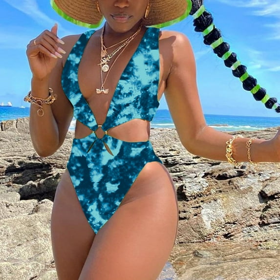 TIHLMK Womens Swimsuits Fashion Swimwear V-Neck Tie-Dye Printing Backless Siamese Swimsuit