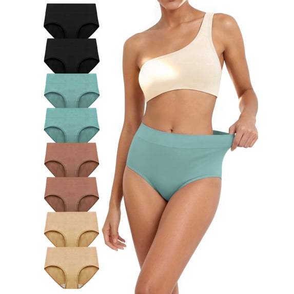 TIICHOO High Waisted Briefs for Women Cotton Ladies Underwear Full Coverage Briefs 8-Pack(XXL, 2 Black/2 Turquoise Green/2 Toffee/2 Beige)